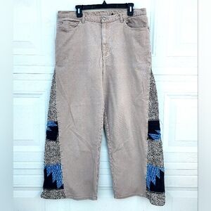 Women's Tan Upcycled Wideleg Pants with Blue Accents